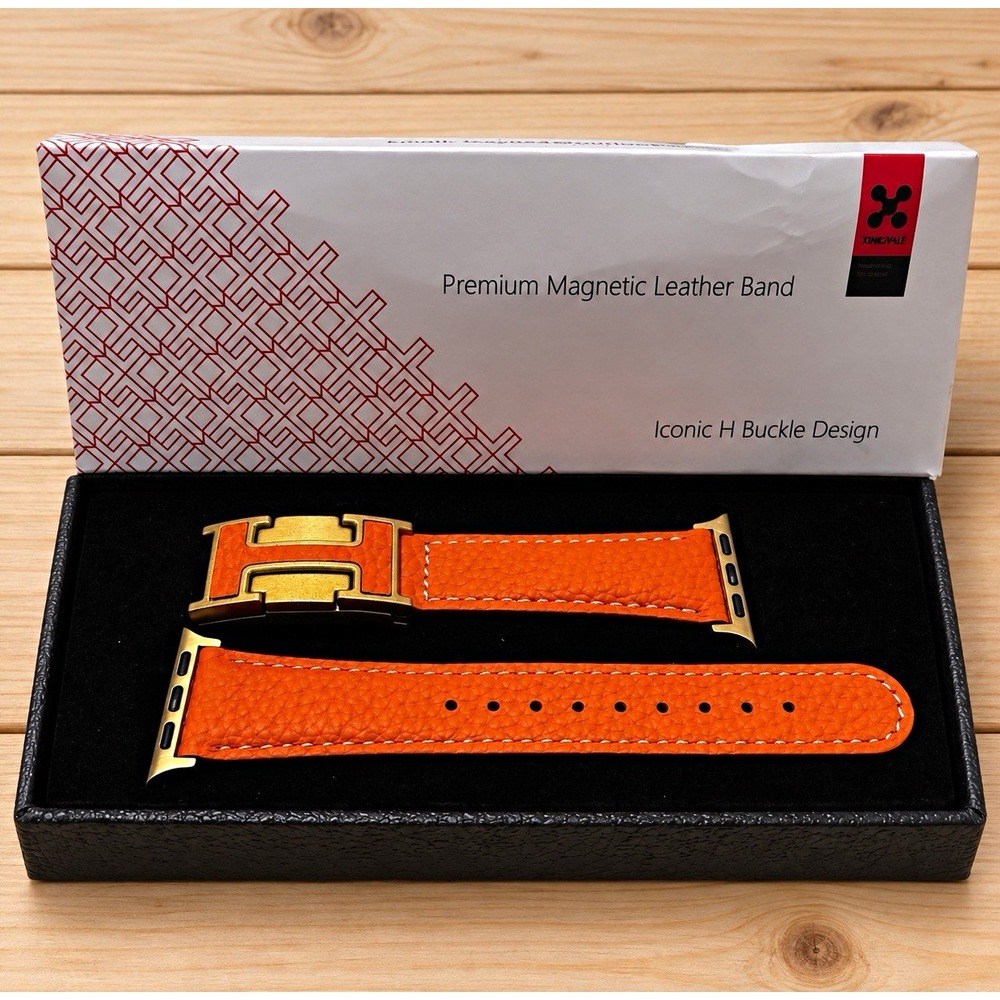 Xinghvae Magnetic Leather Apple Watch Strap Orange/Gold Iconic H Buckle[A4]